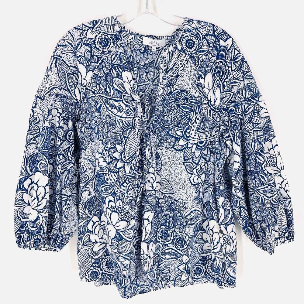 Pearl Size M Blue/White Tie Front Floral Designer Top-3/4 Sleeve